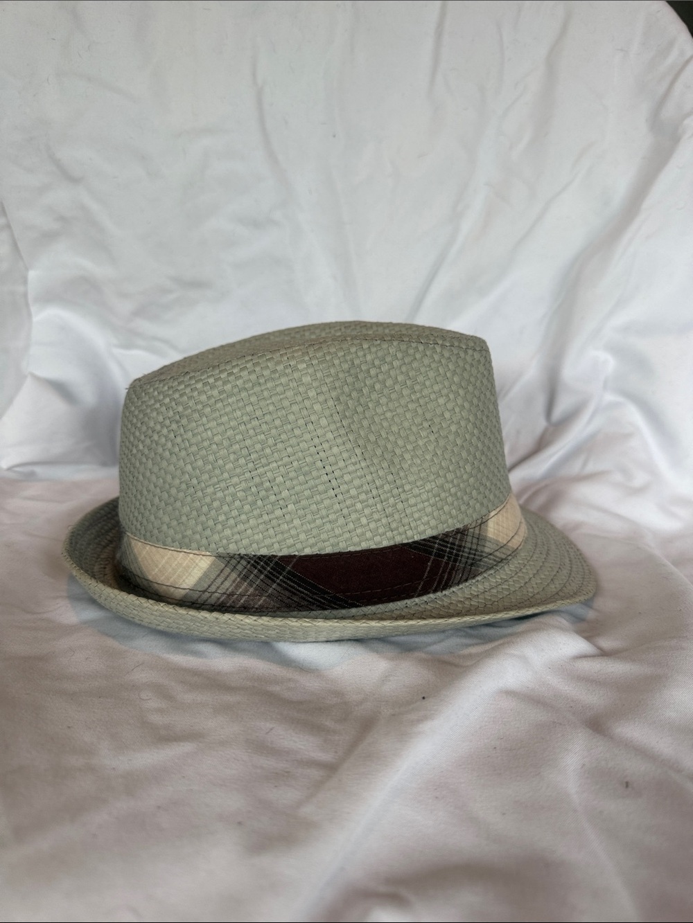 Light Gray Straw Trilby Hat with Plaid Band